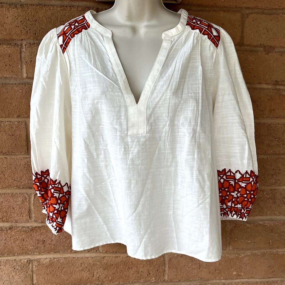Knox Rose Tunic Top Blouse Aztec Floral V Neck 3/4 Balloon Sleeve Women's M